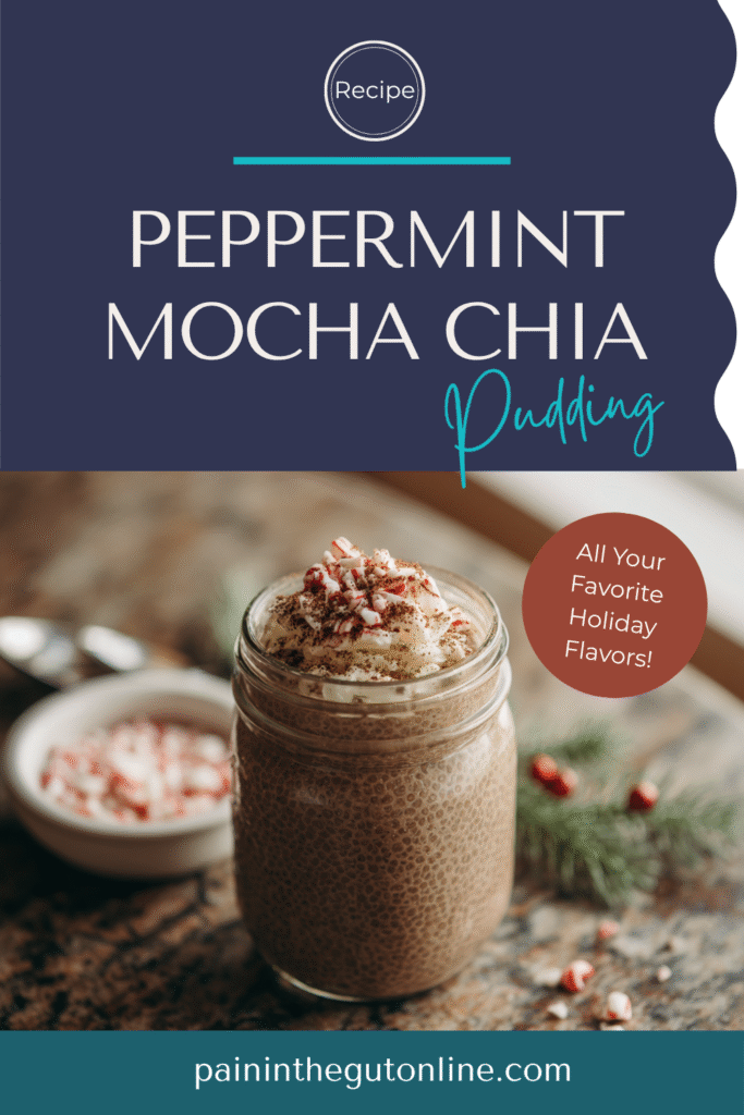 Peppermint mocha chia pudding in a glass jar topped with whipped cream and crushed peppermint candy with christmas decorations around it