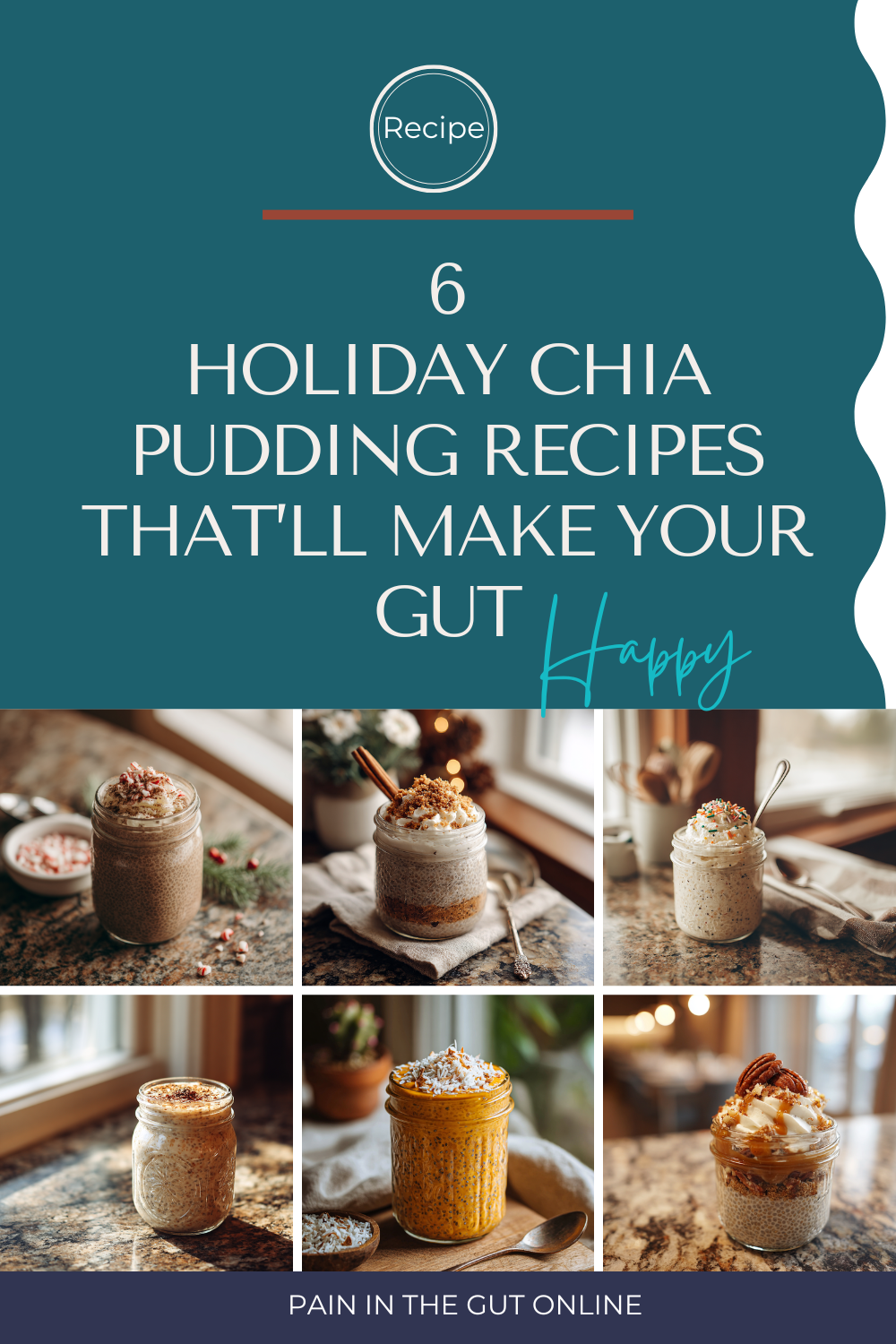 holiday chia pudding recipe collection grid that includes peppermint mocha, pumpkin, and eggnog