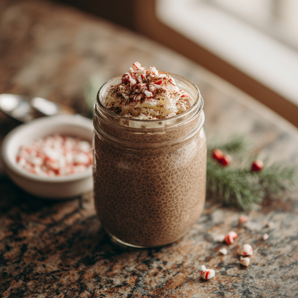 Peppermint mocha chia pudding in a mason jar on a kitchen counter