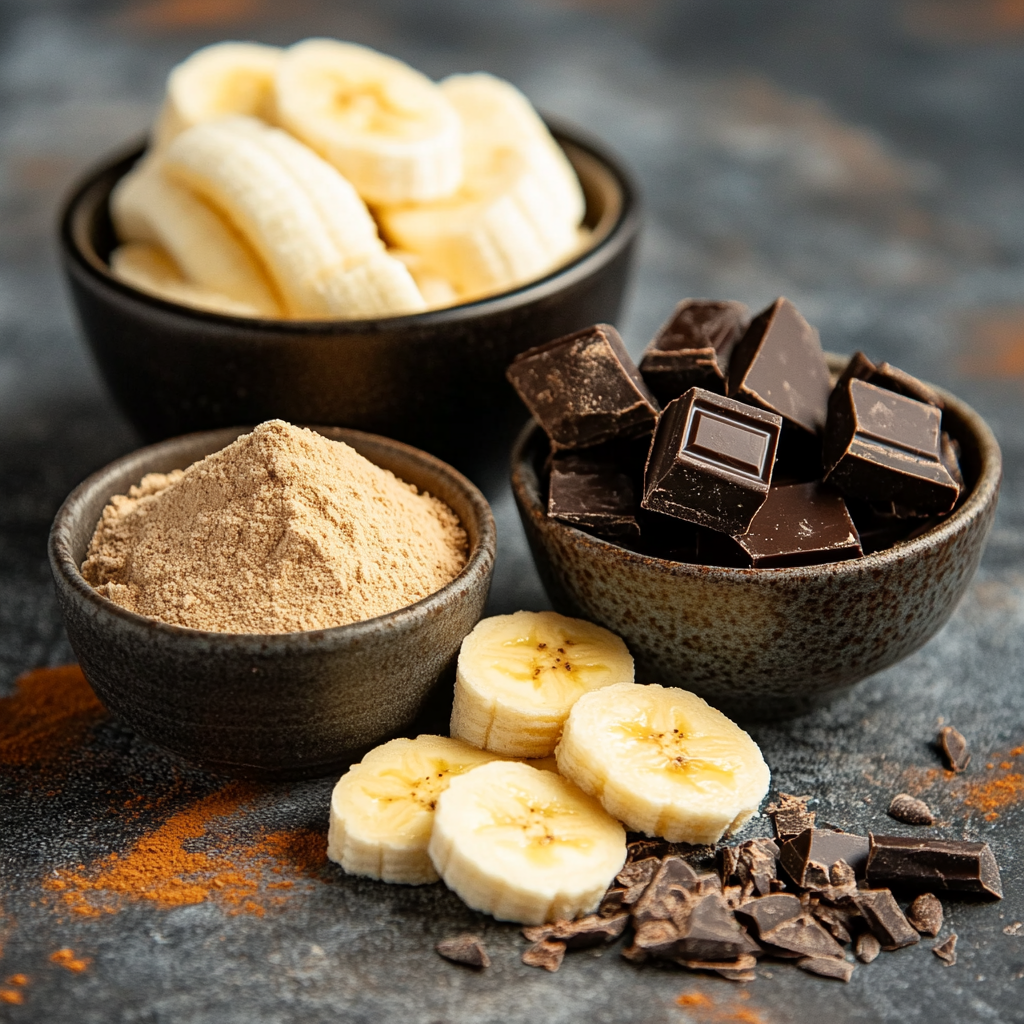 Banana Almond Energy Bites ingredients in bowls. Includes sliced bananas, almond flour, and chocolate pieces
