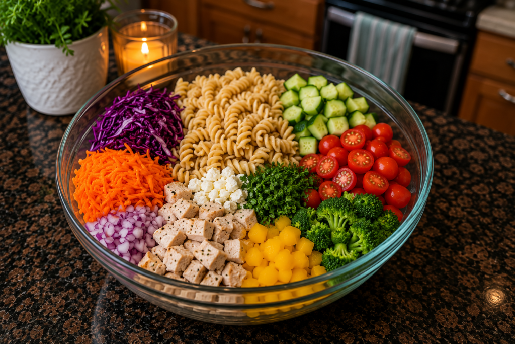 rainbow chicken pasta salad ingredients chopped and arranged in a glass bowl prior to mixing together