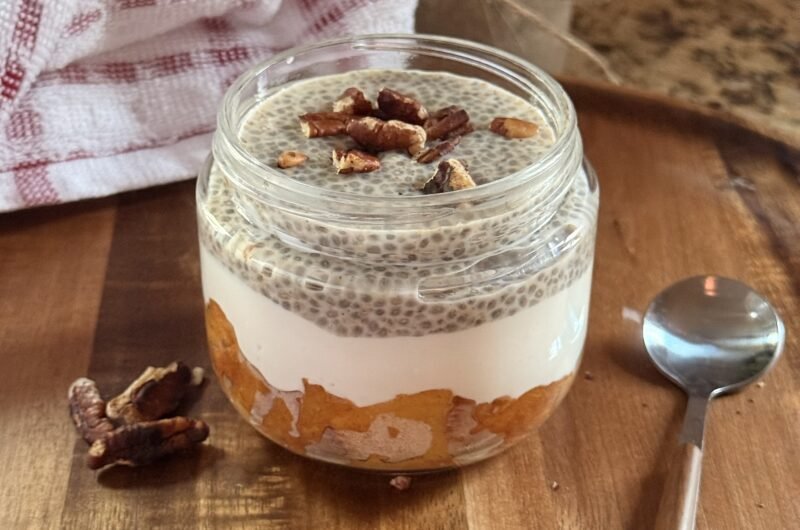 High Protein Peach Cobbler Chia Breakfast Parfait